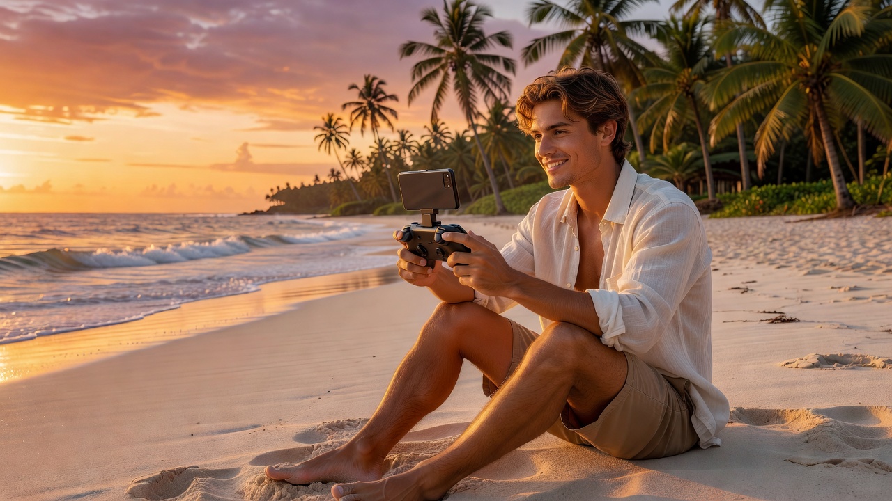 Android controller on a tropical beach